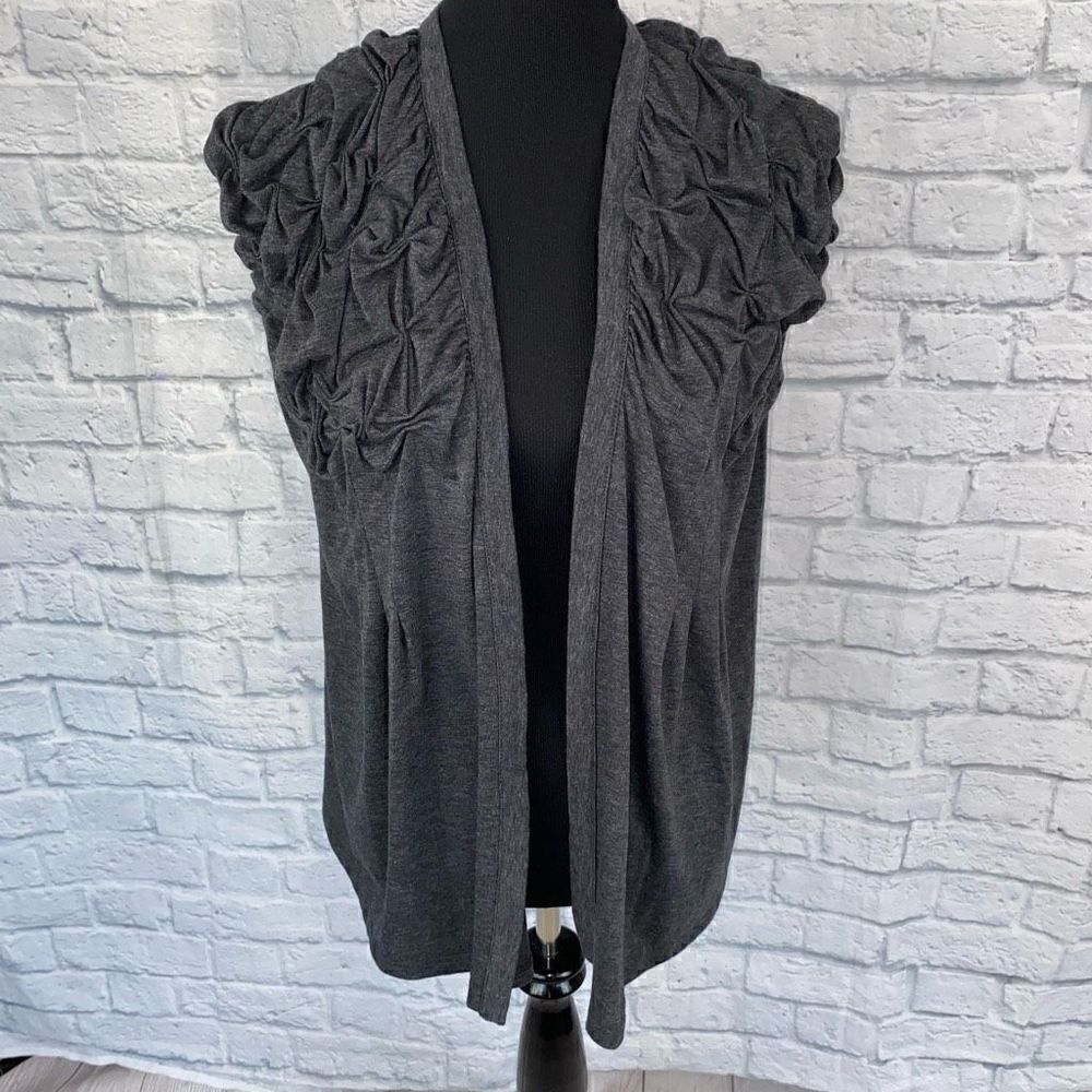 Mystree women M open front rouched top sleeveless cardigan top grey